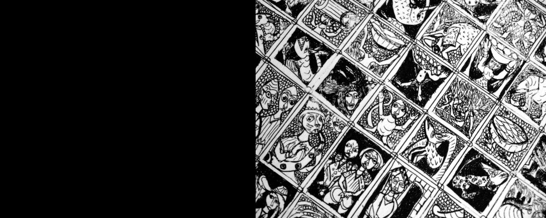 Zu sehen ist ein Ausschnitt der Radierung des Künstlers Twins Seven Seven  in schwarz weiß.